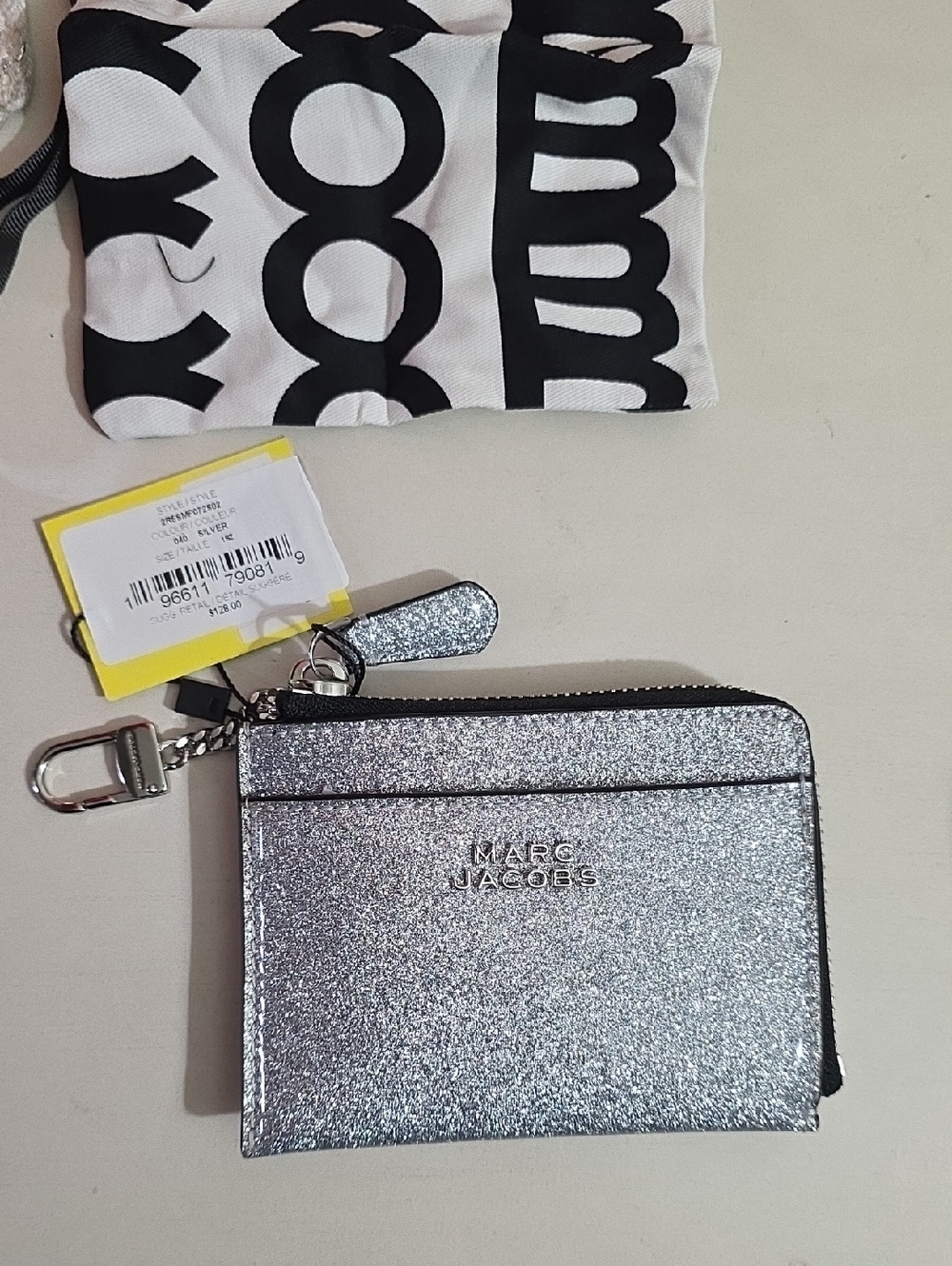 Marc Jacobs Silver Glitter Zip Card Case with Key Clip